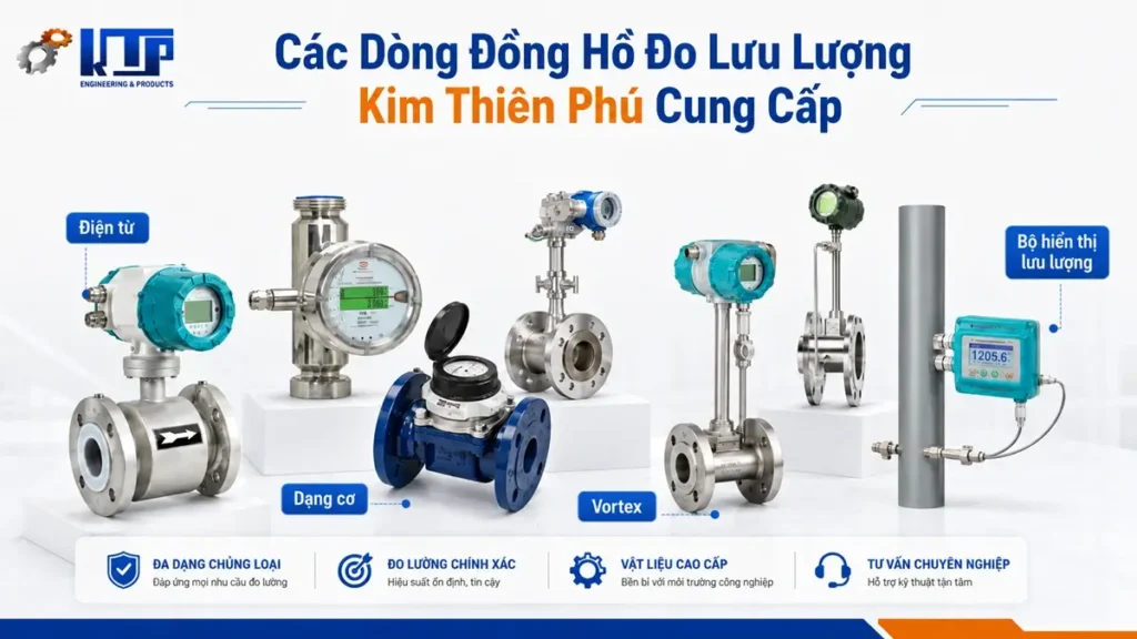 Các dòng đồng hồ đo lưu lượng Kim Thiên Phú cung cấp gồm điện từ, dạng cơ và Vortex 