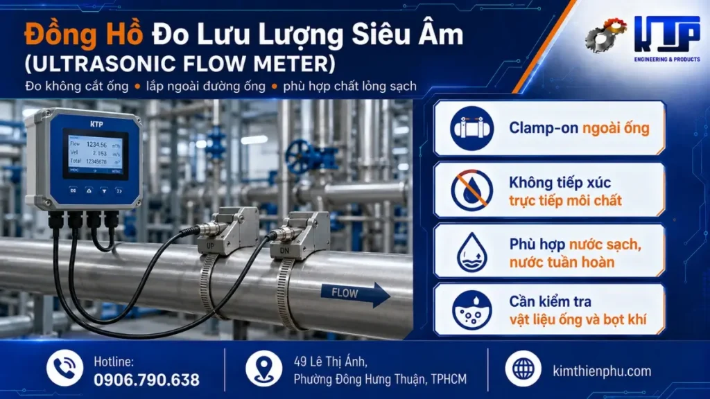 Đồng hồ đo lưu lượng siêu âm clamp on lắp ngoài đường ống để đo chất lỏng sạch