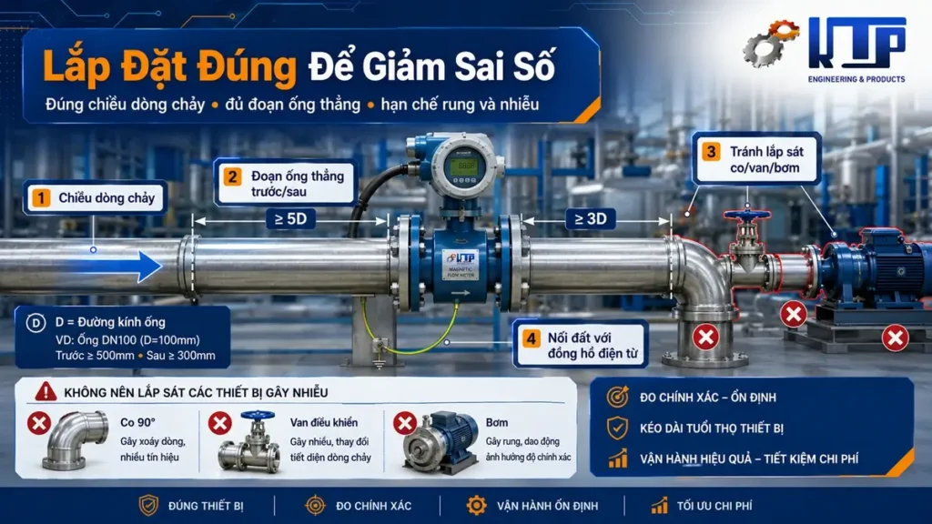 Lắp đặt đồng hồ đo lưu lượng trên đường ống đúng chiều dòng chảy để giảm sai số